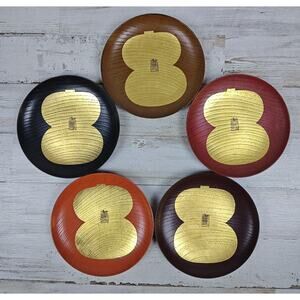 5 Asian Lacquerware Sm Plates/Dishes Hand Painted Gold Design W/Asian Writing